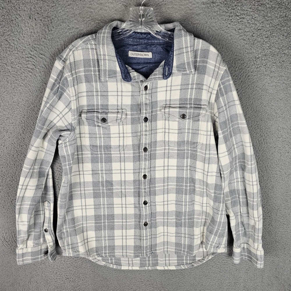 Outerknown Blanket Shirt Men L Grey Plaid Organic Cotton Heavyweight Flannel